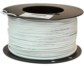 Hvid Texiline TW monteringsledning på en sort kabeltromle med mærkning og 0,75 mm² tykkelse.
