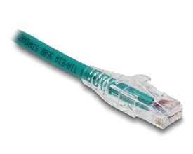 Delock RJ45 Crimp+Cut-værktøjssæt vist med et gennemsigtigt RJ45-stik monteret på et grønt netværkskabel.