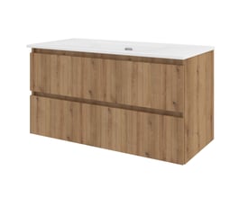 Sanibell Proline møbelsæt, 101 cm bredt, med to skuffer i urban eg og hvid porcelænsvask uden hanehul.