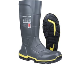 Grå Dunlop MetGUARD 562732 S5-sikkerhedsstøvle med gule detaljer vises sammen med undersiden af den sorte sål.