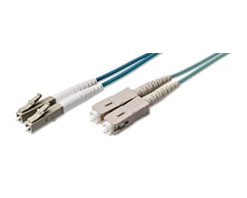 Fiberoptisk patchkabel med LC og SC konnektorer, OM3 duplex, 2mm aqua LSZH kappe og 5m længde.