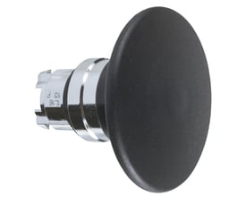 Schneider Electric Harmony XB4 paddetrykhoved Ø60 mm sort med kromdetaljer og tryk-drej funktion på hvid baggrund.
