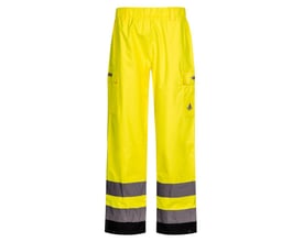 Gule og sorte regnbukser Lyngsøe Rainwear FOX6052 i størrelse XS med cargolommer og refleksbånd ved benene.