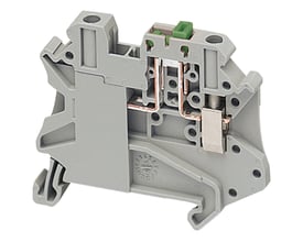 Schneider Electric skilleklemme til 4mm2 ledning, orange med to testbøsninger og synlig fjederkobling.