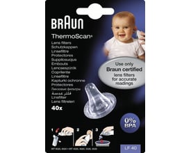 Braun ThermoScan linsefiltre pakke til termometer med 40 stk. og et billede af et glad barn på forsiden.