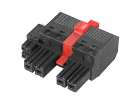 Weidmüller 4-polet hybridforbinder med PUSH IN-aktuator, sort med rød låsedel, set skråt ovenfra.
