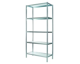 Raaco værkstedsreol med 5 hylder i galvaniseret stål, nærbillede af stolper og hyldebeslag, ingen synlig samling.