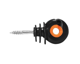 Gallagher XDI-ringisolator med integreret skrue, sort med orange ring og ribber til fastgørelse.