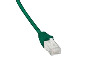 Lauritz Knudsen Cat.6 U/UTP patchkabel på 0,5 meter med grøn LSZH kappe, viser RJ45 stik og mærketape.