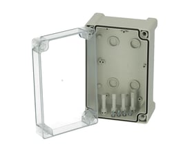 Fibox Tempo TPC191209T el-kasse står åben med transparent dæksel svinget ud, så pakning og inderside ses.