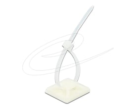 Hvid DeLock-kabelbinderholder på 30 x 30 mm med lang kabelbinder, set skråt forfra.