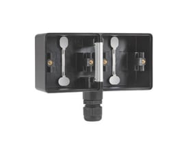 Niko Hydro underlag til 2-modul vandret installation i sort, med åben låge og M20 kabelforskruning.