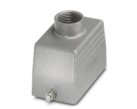 Nærbillede af Phoenix Contact stikhus, der viser den grå aluminiumsoverflade, M25 gevind og en enkelt forskruningslås.