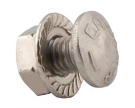 Nærbillede af Legrand M6x10 mm skruesæt i rustfri stål (A4) samlet med møtrik og ribbet flange.