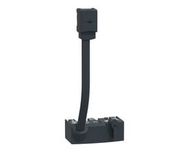 Schneider Electric LU2B klemmeblok til TeSys U motorstarter i mørkegrå, vist med den foldbare arm rejst og et isoleret perspektiv.