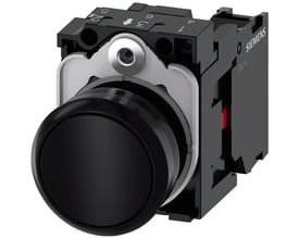 Siemens 22mm rund trykknap med sort plastknap og 1 NC skrueklemme. En del af SIRIUS ACT serien.