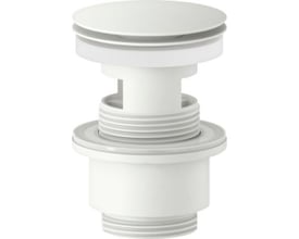 Mora Push Down bundventil med overløb i mat hvid, Ø63 mm diameter og 39 mm dybde, vist på hvid baggrund.