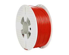 Verbatim 3D printer filament af PET-G i rød farve på en hvid spole, 1.75mm diameter og 1kg vægt.
