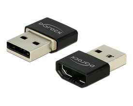 DeLOCK adapter fra HDMI hun til USB Type A han i sort plast med synlige logoer og metalstik.