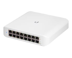 Ubiquiti UniFi Switch Lite 16 PoE netværksswitch med 16 Gigabit porte og 8 PoE+ porte i hvidt kabinet.
