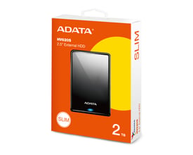 Emballagen til Adata HV620S Slim ekstern harddisk viser den sorte 2 TB harddisk på en orange æske.