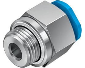 Festo lige forskruning QSM-G1/8-4 med indstik og blå endestykke, viser udvendig sekskant og gevind for nem montering.