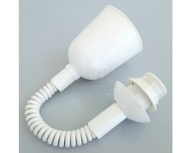 Lauritz Knudsen spiralhejs i hvid plast til ophæng af lampe med E27 fatning og 1,2 meter længde på grå baggrund.