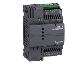 Schneider Electric M172 OPTI kontroller med 18 I/O, 1 CAN port og 2 RS485 porte, mørkegrå plast med grønne terminaler.