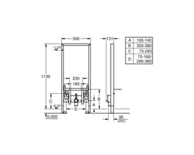 Detaljeret teknisk skitse af Grohe Rapid SL bidetinstallation med målskala og tabeller over justeringsmuligheder.