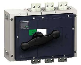 Schneider Electric 4-polet lastadskiller INS1600 med drejehåndtag og terminaler vist frontalt på neutral baggrund.