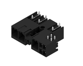 Weidmüller hybridstik til printmontering med 3 poler og 7,62 mm afstand, set skråt ovenfra med lyse kontaktben.
