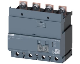 Siemens RCD modul 3VA9 RCD820, 4-polet RCD type A til 160A, med justerbar fejlstrøm og udløsningstid, viser terminaler og mærkatplader.
