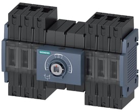 Siemens SENTRON 3KC overførselskontakt, 3-polet 63A, manuelt betjent med knap og indikatorer for ON, OFF og skiftepositioner monteret på DIN-skinne.