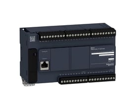Schneider Electric Modicon M221 PLC med 24 digitale indgange, 2 analoge indgange og 16 NPN udgange, 24V DC strømforsyning og Ethernet-port.
