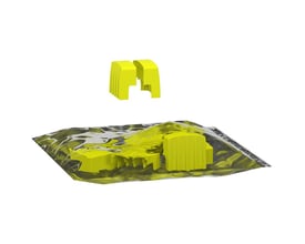 Schneider Electric endedæksler til skinne, pose med 10 stk. i gul plast, med et par dæksler vist isoleret fra posen.