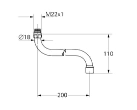 Teknisk tegning af Grohe tud i krom med angivne mål for længde, højde og gevindstørrelse M22x1.