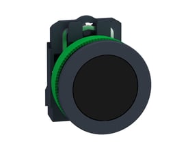 Schneider Electric Harmony XB5/ZB5 komplet trykknap med sort, plan trykflade og 1xNO kontaktfunktion på hvid baggrund.