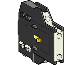 Illustrativ tegning af Schneider Electric LAD8N11 hjælpeblok, der viser dens sidemonterede design og tilslutningsmuligheder.