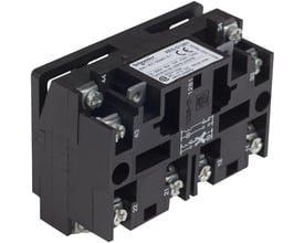 Schneider Electric kontaktelement XESD1281 med 1CO - 1NO kontakt, 3A kapacitet og mekanisk spærring, vist fra siden.