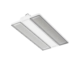 Hvidt LEDVANCE Flex Linear DALI high-bay-armatur med to lange LED-felter, set skråt forfra.