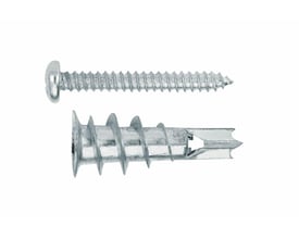 Index gipspladedubel i metal med skrue, 12 mm, viser dublens skruegevind og skruens dimensioner.