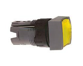 Schneider Electric lampetryk med kvadratisk, gult, planforsænket front og grå plasthus, med monteringsmekanisme til Ø 16 mm.