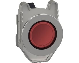 Schneider Electric flush signallampe i metal med rød LED, 24V. Lampen har en kraftig lyskilde, der lyser ensartet.