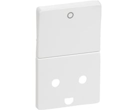 LK FUGA tangent og afdækning til stikkontakt med jord og 2-polet afbryder i hvid. Synlig 'O' markering på tangenten.