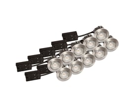 10-pak Scan Products Luna Quick Install GU10 spots med børstet aluminiumsfinish og tilslutningsmoduler.
