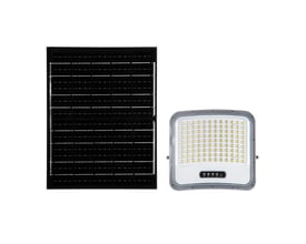 V-TAC 20 W LED-projektør med solcellepanel, sort og med 3-i-1 lysfarve, vist sammen med solpanelet.
