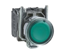 Schneider Electric lampetryk XB4 med grøn trykknap, 22mm diameter og krom frontring, vist på hvid baggrund.
