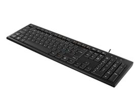 Sort DELTACO USB tastatur med nordisk layout, vist skråt fra siden med et 1.1m kabel.