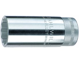 Nærbillede af Stahlwille 3/8" 12-kantet topnøgle i 19mm længde, med synlig lasergravering af mærke og specifikationer.