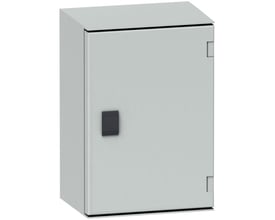 Lukket Schneider Electric vægskab PLM32 i RAL7035 polyester med sort håndtag og synlige hængsler, 310x215x160 mm.